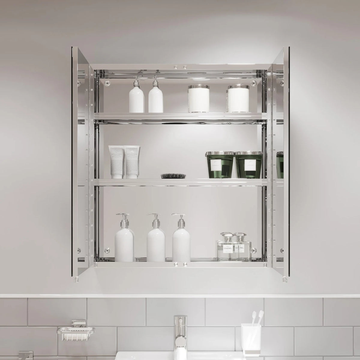 Double Door Bathroom Mirror Cabinet In Stainless Steel & Mounted - 600 ...