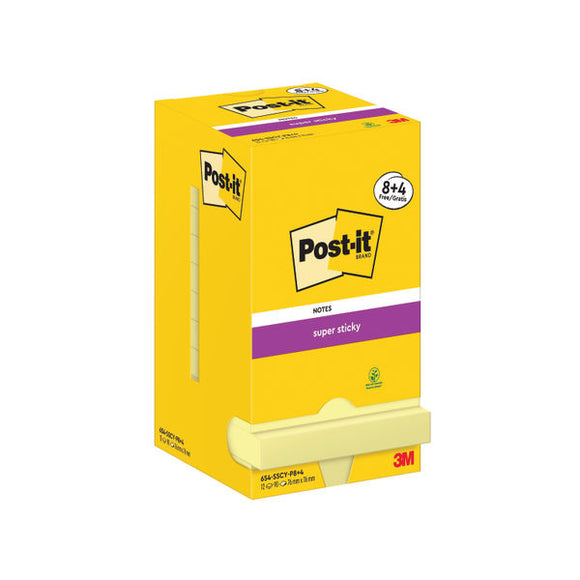 Post-it Super Sticky 76x76mm 90 Sheets Canary Yellow (Pack of 12) 654-SSCY-P8+4