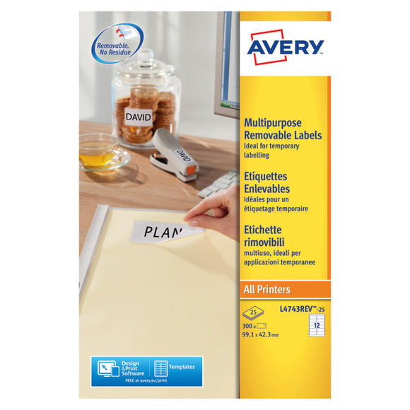 Avery Removable Labels 12 Per Sheet White (Pack of 300) L4743REV-25