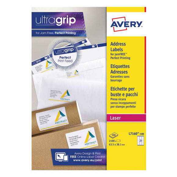 Avery Ultragrip Laser Address Labels QuickPEEL 63.5x38.1mm 21 Per Sheet White (2100 Pack) L7160-100