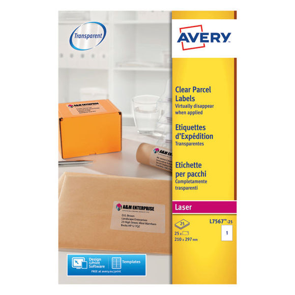 Avery Laser Parcel Label 1 Per Sheet Clear (Pack of 25) L7567-25