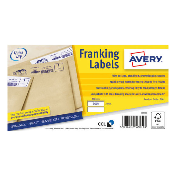 Avery Franking Label 140x38mm 2 Per Sheet White (Pack of 1000) FL01