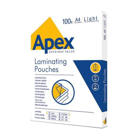 Fellowes Apex A4 Light Laminating Pouches Clear (Pack of 100) 6003201