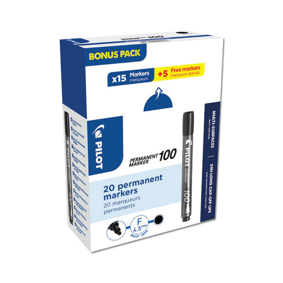 Pilot Permanent Marker 100 Bullet Tip Black Value Pack 15 + 5 FREE (Pack of 20) 3131910501268