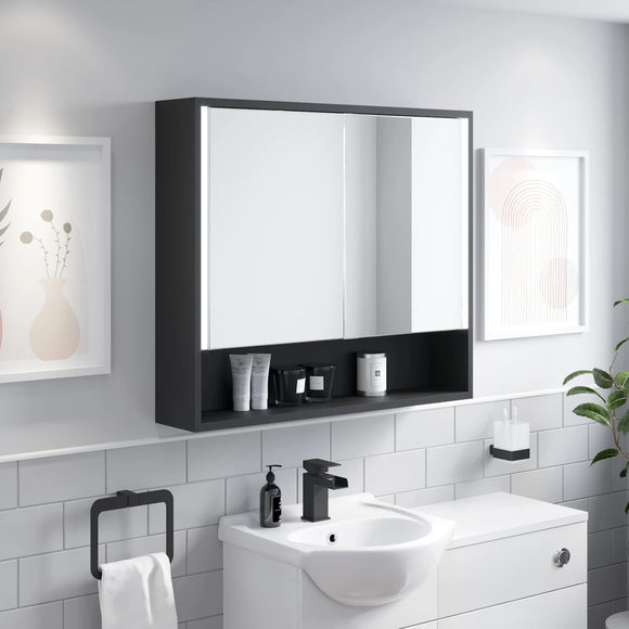 Black LED Bathroom Mirror Cabinet With Touch Sensor, Demister Pad - 700 x 800mm